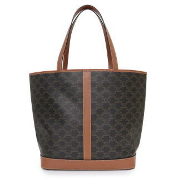 Celine Cabas Tote Bag Triomphe Canvas Calfskin Leather Tan Brown - Picture 1 of 9